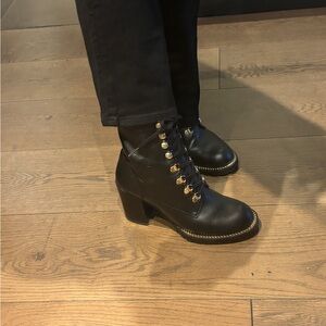 Stuart Weitzman Kolbie Black Lace-Up Boots with Gold Accents